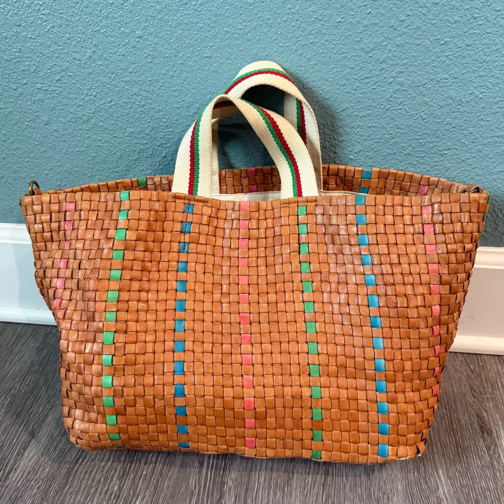 Woven Tan Leather Tote Bag with Multicolor Stripes
